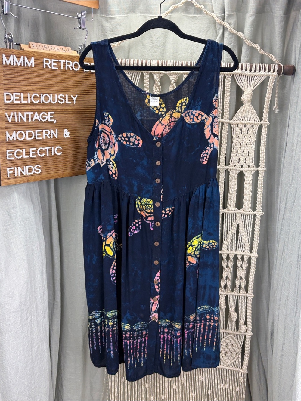 Vintage Bali Moon Hawaii Tie-Dye Batik Sundress with Multicolor Sea Turtles| XXL